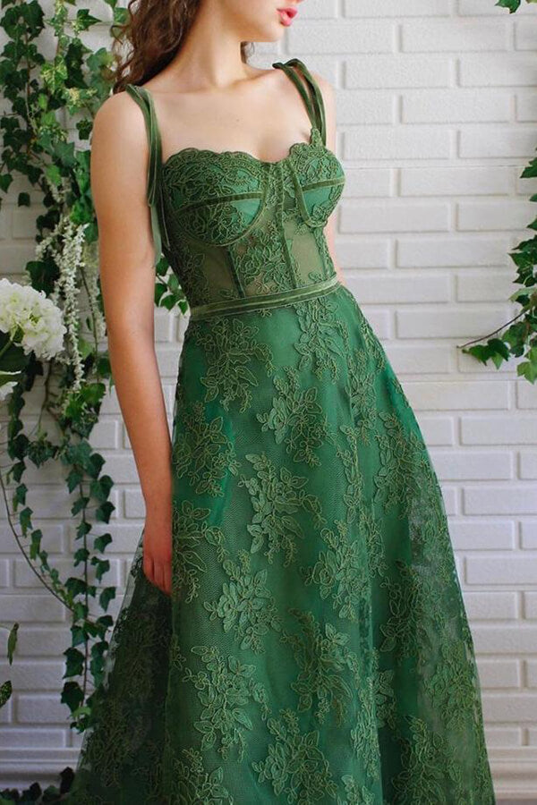 Dark Green A Line Spaghetti Straps Lace Prom Dresses, Long Formal Dresses, PL422 | long prom dresses online | tulle prom dresses | evening dresses | promnova.com
