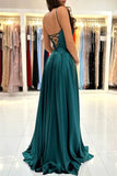Dark Green A Line Square Neckline Spaghetti Straps Prom Dress With Slit, PL535 | simple prom dresses | long prom dresses | evening gown | promnova.com