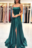 Dark Green A Line Square Neckline Spaghetti Straps Prom Dress With Slit, PL535
