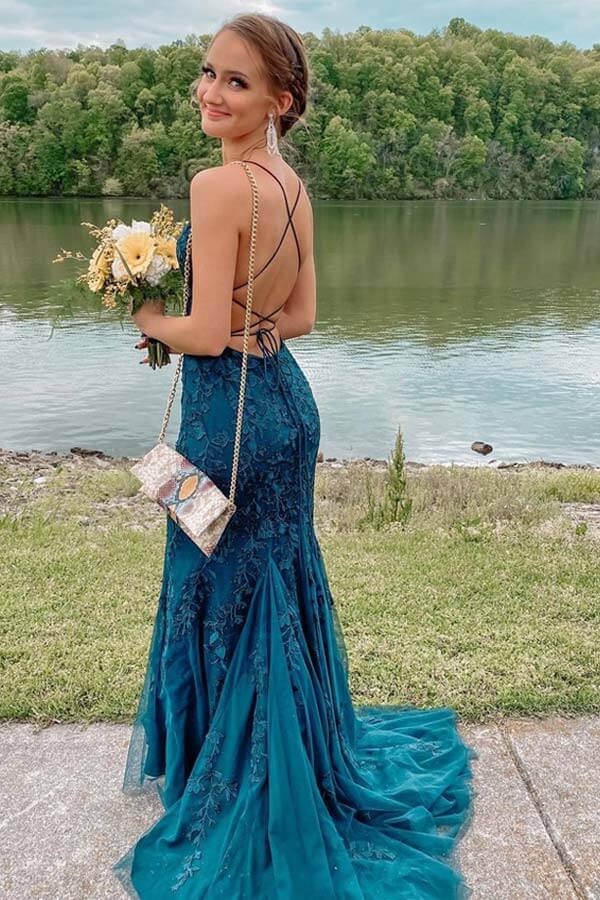 Dark Green Tulle Mermaid Spaghetti Straps Lace Appliques Prom Dresses, PL471 | cheap long prom dresses | evening dresses | long formal dresses | promnova.com