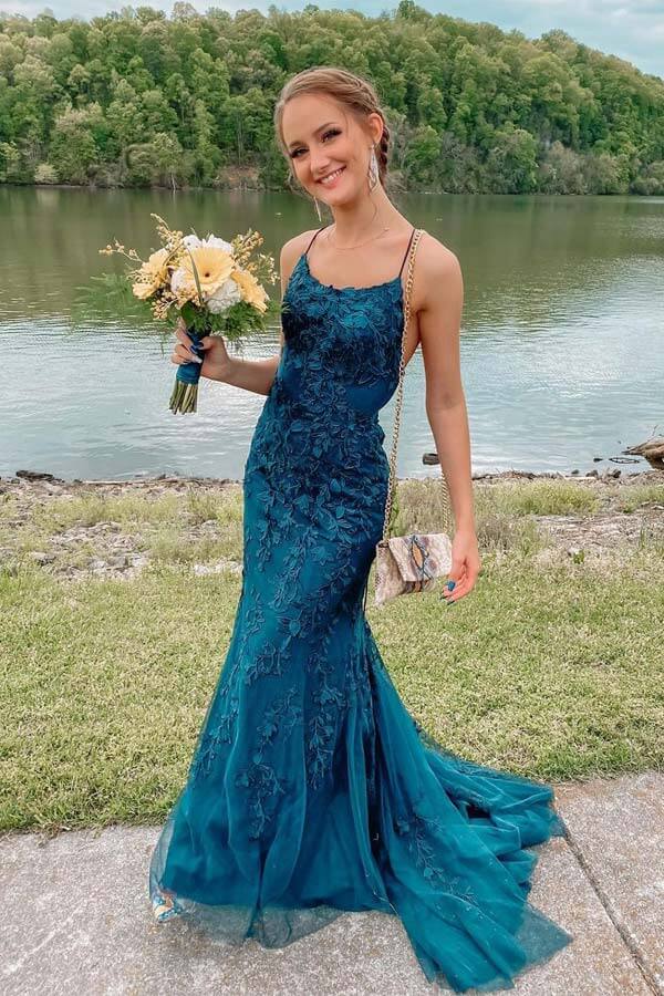 Dark Green Tulle Mermaid Spaghetti Straps Lace Appliques Prom Dresses, PL471 | green prom dresses | lace prom dresses | evening gowns | promnova.com