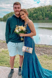 Dark Green Tulle Mermaid Spaghetti Straps Lace Appliques Prom Dresses, PL471 | plus size prom dress | prom dress near me | modest prom dress | promnova.com