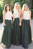 Dark Green Tulle Two Pieces Lace Bodice Halter Long Bridesmaid Dress, PB149 | two pieces bridesmaid dress | wedding party dresses | wedding guest dresses | promnova.com