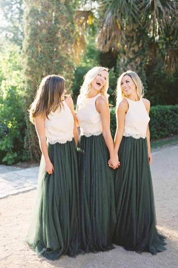 Dark Green Two Piece Lace Halter Bridesmaid Dress PB149