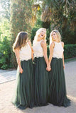 Dark Green Tulle Two Pieces Lace Bodice Halter Long Bridesmaid Dress, PB149