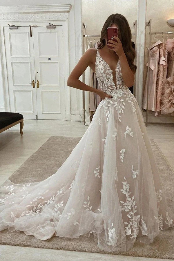 Flowy A-Line Lace Bridal Gown with Plunging V-Neckline