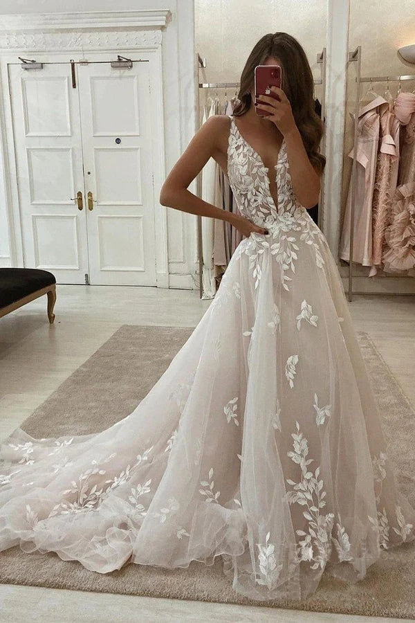 A Line Lace Deep V Neck Wedding Dresses With Sweep Train, Bridal Gown, PW283