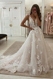 ​A Line Lace Deep V Neck Wedding Dresses With Sweep Train, Bridal Gown, PW283 | cheap lace wedding dresses | vintage wedding dresses | wedding gown | promnova.com