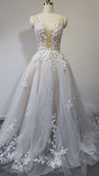 A Line Lace Deep V Neck Wedding Dresses With Sweep Train, Bridal Gown, PW283 | a line wedding dress | lace wedding dress | wedding dresses online | promnova.com
