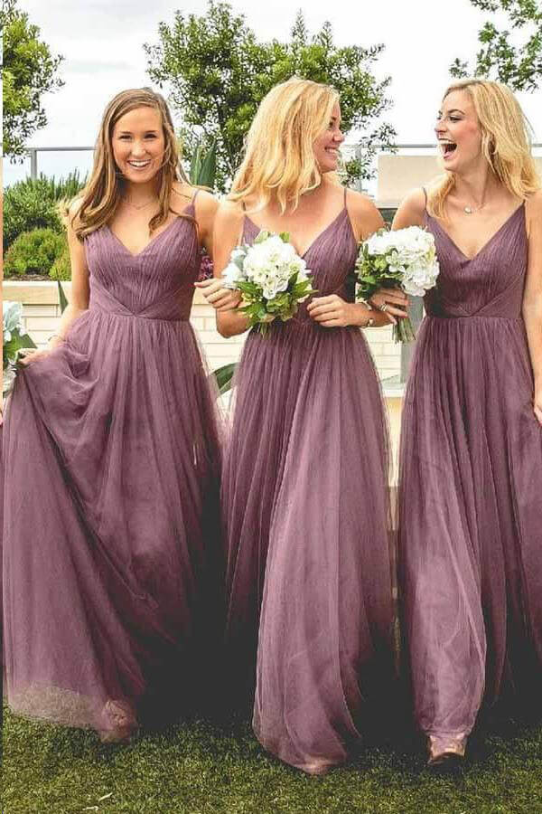 Dusty Purple A Line Tulle Long Bridesmaid Dresses PB139