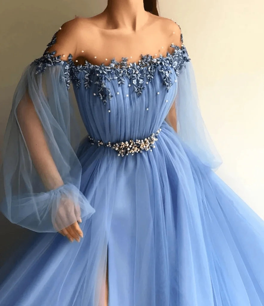 2026 A Line Blue Side Slit Tulle Off Shoulder Long Sleeves Prom Dresses 2026 A Line Blue Side Slit Tulle Off Shoulder Long Sleeves Prom Dresses