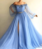 Blue Tulle Long Sleeves Off Shoulder Prom Dresses With Slit, Evening Gown, PL423 | tulle prom dresses | prom dress online | prom dresses for teens | promnova.com