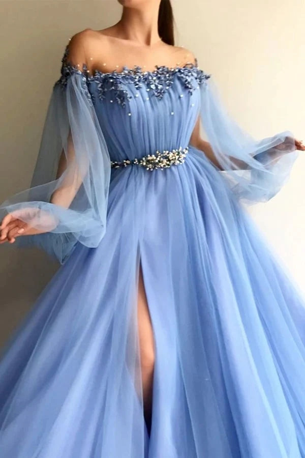 2026 A Line Blue Side Slit Tulle Off Shoulder Long Sleeves Prom Dresses 2026 A Line Blue Side Slit Tulle Off Shoulder Long Sleeves Prom Dresses