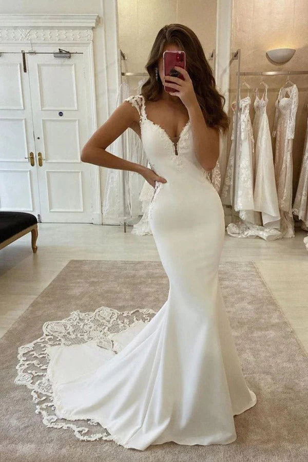 lace mermaid wedding dresses with cap sleeves Cream / 4