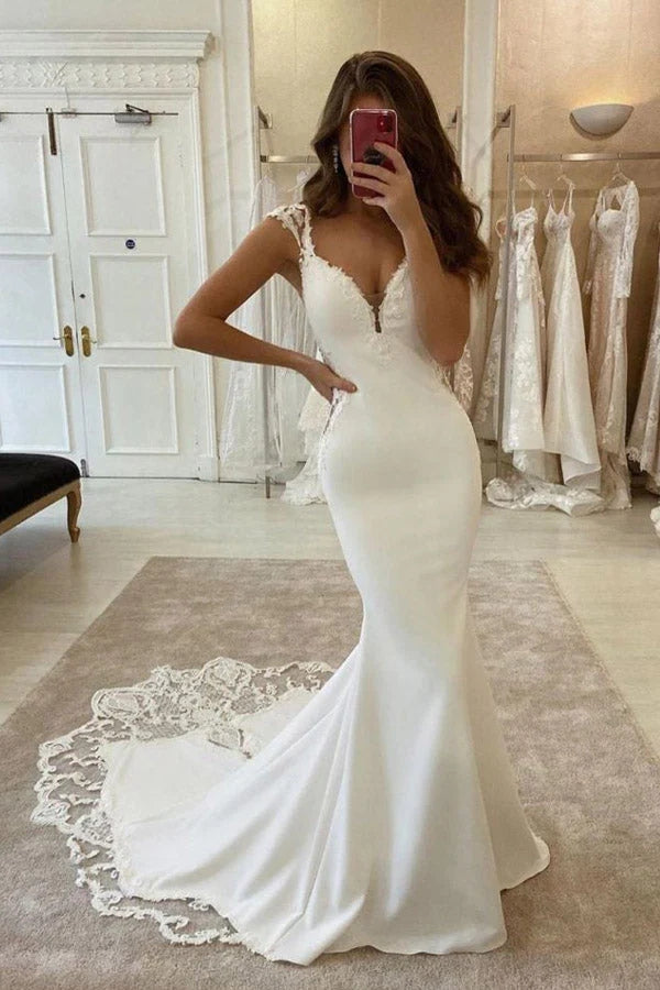 Satin Mermaid Cap Sleeves V Neck Wedding Dresses With Lace Appliques, PW296 | cheap lace wedding dresses | mermaid wedding dresses | bridal gowns | promnova.com