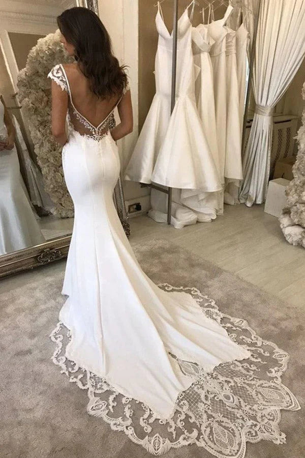Satin Mermaid Cap Sleeves V Neck Wedding Dresses With Lace Appliques, PW296 | satin wedding dresses | lace wedding dresses | wedding gowns | promnova.com