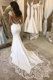 Satin Mermaid Cap Sleeves V Neck Wedding Dresses With Lace Appliques, PW296 | satin wedding dresses | lace wedding dresses | wedding gowns | promnova.com