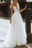 Elegant Tulle A-line V Neck Backless Wedding Dresses With Lace Appliques, PW335