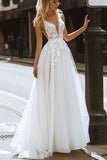 Elegant Tulle A-line V Neck Backless Wedding Dresses With Lace Appliques, PW335 | tulle wedding dresses | simple wedding dress | a line wedding dress | promnova.com