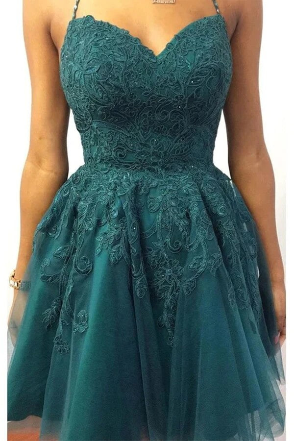 Emerald Green A Line Spaghetti Straps Open Back Lace Homecoming Dresses, PH393 | homecoming dress stores |   homecoming outfits | cheap homecoming dresses | promnova.com