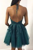 Emerald Green A Line Spaghetti Straps Open Back Lace Homecoming Dresses, PH393 | shool event dresses | short party dresses | lace homecoming dresses | promnova.com