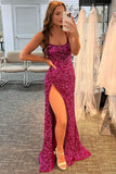 Fuchsia Sheath Sequins Prom Dresses With Side Slit, Long Formal Dress, PL530
