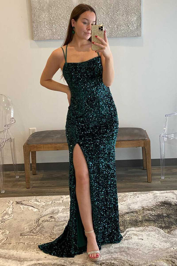 Fuchsia Sheath Sequins Prom Dresses With Side Slit PL530 | Promnova Fuchsia Sheath Sequins Prom Dresses With Side Slit PL530 | Promnova