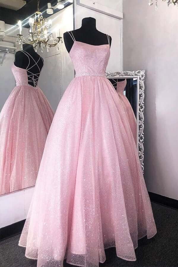 Glittering Pink A Line Floor Length Long Prom Dresses, Evening Gowns, PL486 | pink prom dresses | sparkly prom dresses | a line prom dresses | promnova.com