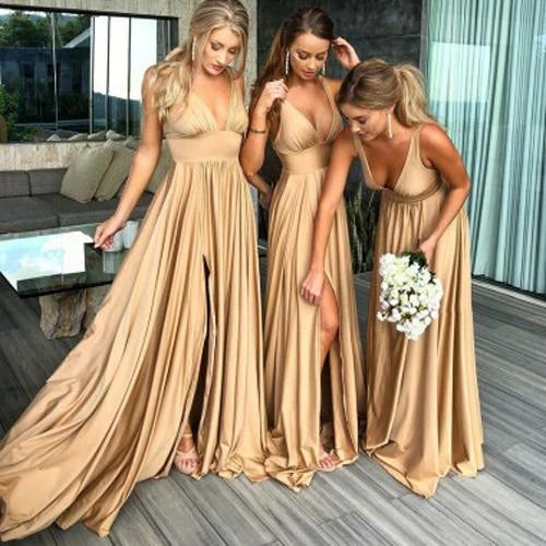 Gold A Line V Neck Long Bridesmaid Dresses with Split, Wedding Party Dress, PB125 | gold bridesmaid dresses | junior bridesmaid dresses | budget bridesmaid dresses | www.promnova.com