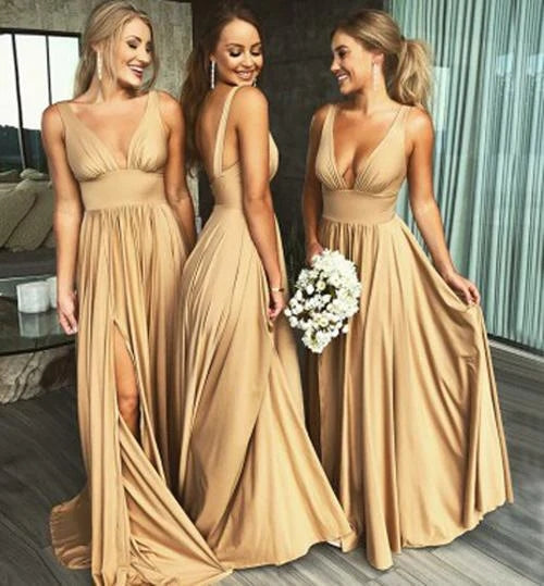 Gold A Line V Neck Long Bridesmaid Dresses with Split, Wedding Party Dress, PB125 | wedding guest dresses | maid of honor dress | mother of the bride dress | www.promnova.com