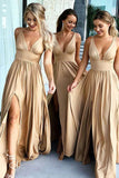 Gold A Line V Neck Long Bridesmaid Dresses with Split, Wedding Party Dress, PB125 | cheap bridesmaid dresses | a line bridesmaid dresses | satin bridesmaid dresses | www.promnova.com