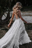 Gorgeous A Line Deep V Neck Spaghetti Straps Lace Wedding Dresses With Slit, PW303 | wedding dresses online | cheap lace wedding dresses | wedding dresses near me | promnova.com