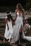 Gorgeous A Line Deep V Neck Spaghetti Straps Lace Wedding Dresses With Slit, PW303