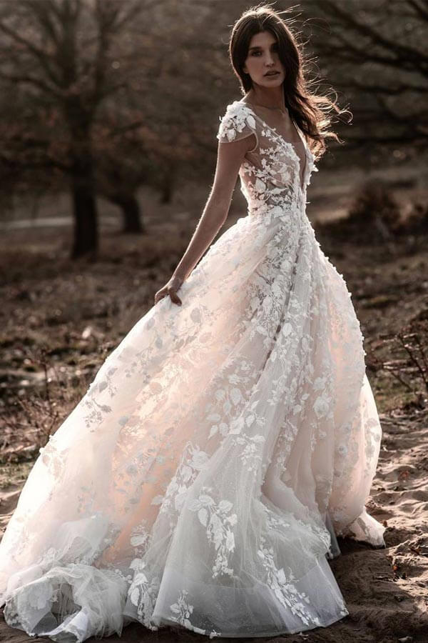 Ivory Cap Sleeves Lace Appliques Beach Weding Dresses PW326 | Promnova US16 / Custom Color Ivory Cap Sleeves Lace Appliques Beach Weding Dresses PW326 | Promnova US16 / Custom Color