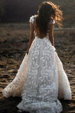 Gorgeous Ivory A Line Cap Sleeves Lace Appliques Beach Weding Dresses, PW326 | wedding dresses near me | wedding dresses stores | bridal outfits | promnova.com
