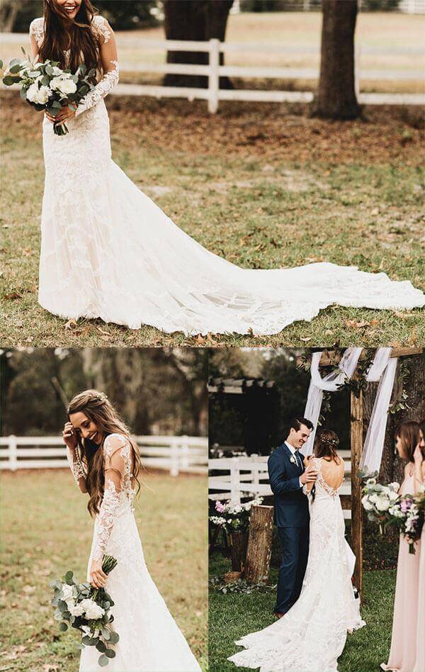 Gorgeous Lace Mermaid V Neck Long Sleeves Wedding Dresses, Wedding Gown, PW310 | cheap lace wedding dress | vintage wedding dress | beach wedding dress | promnova.com
