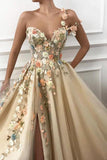 Gorgeous Tulle A Line One Shoulder Sweetheart Prom Dresses With 3D FLowers, PL425 | champagne prom dresses | flowers prom dress | a line prom dresses | promnova.com