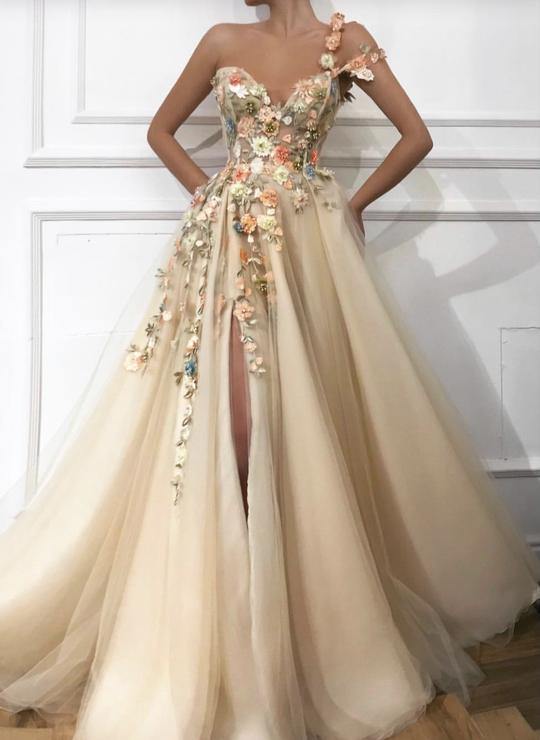 Gorgeous Tulle A Line One Shoulder Sweetheart Prom Dresses With 3D FLowers, PL425 | cheap prom dress | tulle prom dresses | evening gown | promnova.com
