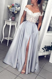 Gray A Line Satin Off Shoulder Lace Appliques Prom Dresses With Pockets, PL465