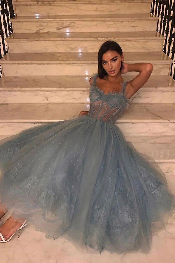 Gray Blue A Line Tulle Sweetheart Lace Prom Dresses, Evening Gowns, PL499 | long formal dresses | long prom dresses | party dress | promnova.com