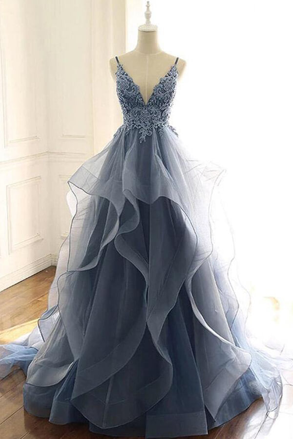 Gray Blue Organza A Line V Neck Lace Prom Dresses PL451