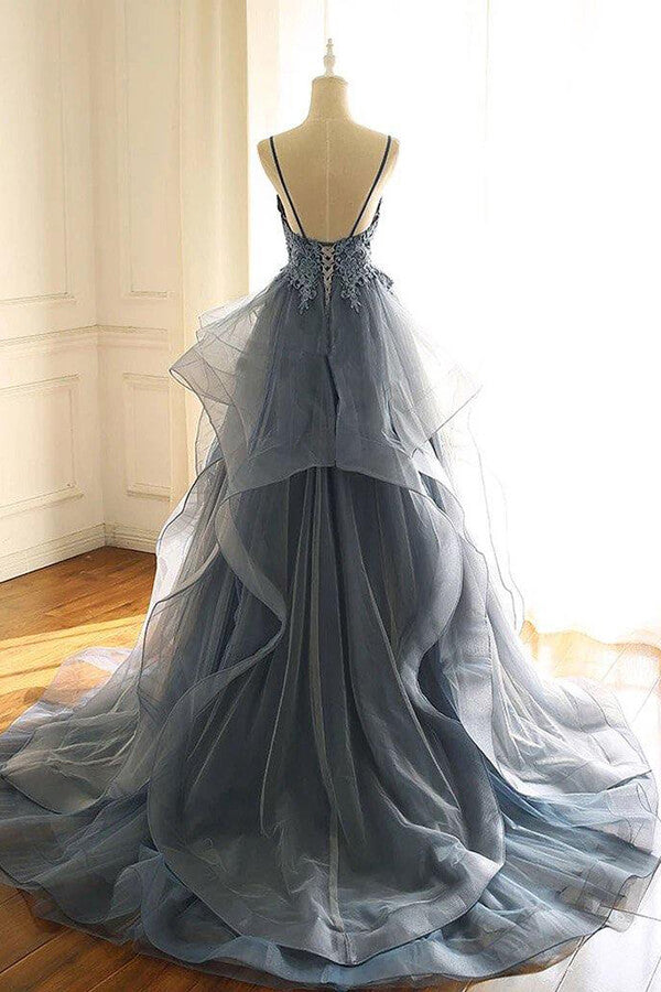 Gray Blue Organza A Line V Neck Ruffles Lace Prom Dresses Evening Gown PL451