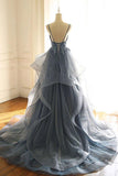 Gray Blue Organza A Line V Neck Ruffles Lace Prom Dresses, Evening Gown, PL451 | tulle a line prom dresses | grey prom dresses | plus size prom dresses | promnova.com