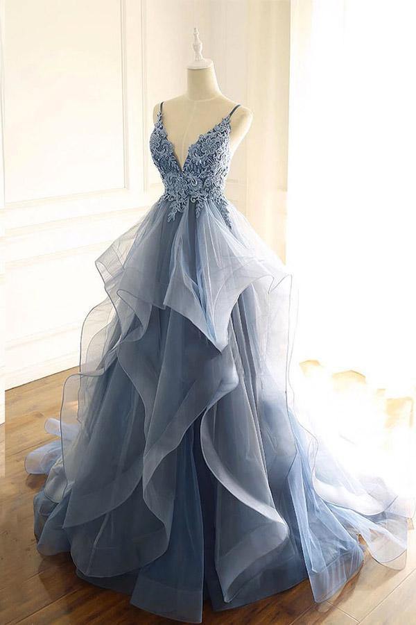 Gray Blue Organza A Line V Neck Ruffles Lace Prom Dresses, Evening Gown, PL451 | a line prom dresses | long formal dresses | evening dresses | promnova.com
