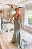 Gray Green Mermaid Sweep Train Bridesmaid Dresses, Wedding Guest Dress, PB124