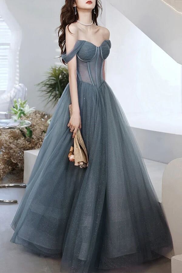 Gray Tulle A Line Off The Shoulder Prom Dresses PL542