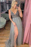 Gray Tulle A Line V Neck Beaded Prom Dresses, Long Formal Dresses, PL525