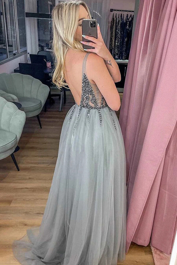 Gray Tulle A Line V Neck Beaded Prom Dresses, Long Formal Dresses, PL525 | beaded prom dresses | a line prom dress | long prom dresses | promnova.com
