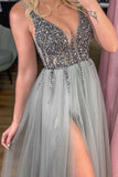 Gray Tulle A Line V Neck Beaded Prom Dresses, Long Formal Dresses, PL525 | grey prom dresses | evening dresses | party dress | promnova.com