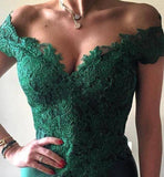 Green Lace Off Shoulder Long Slit Prom Dresses Evening Dresses Formal Dress, PL173 | green prom dresses | long prom dresses | evening dresses | party dresses | evening gown | lace prom dresses | a line prom dresses | prom | www.promnova.com